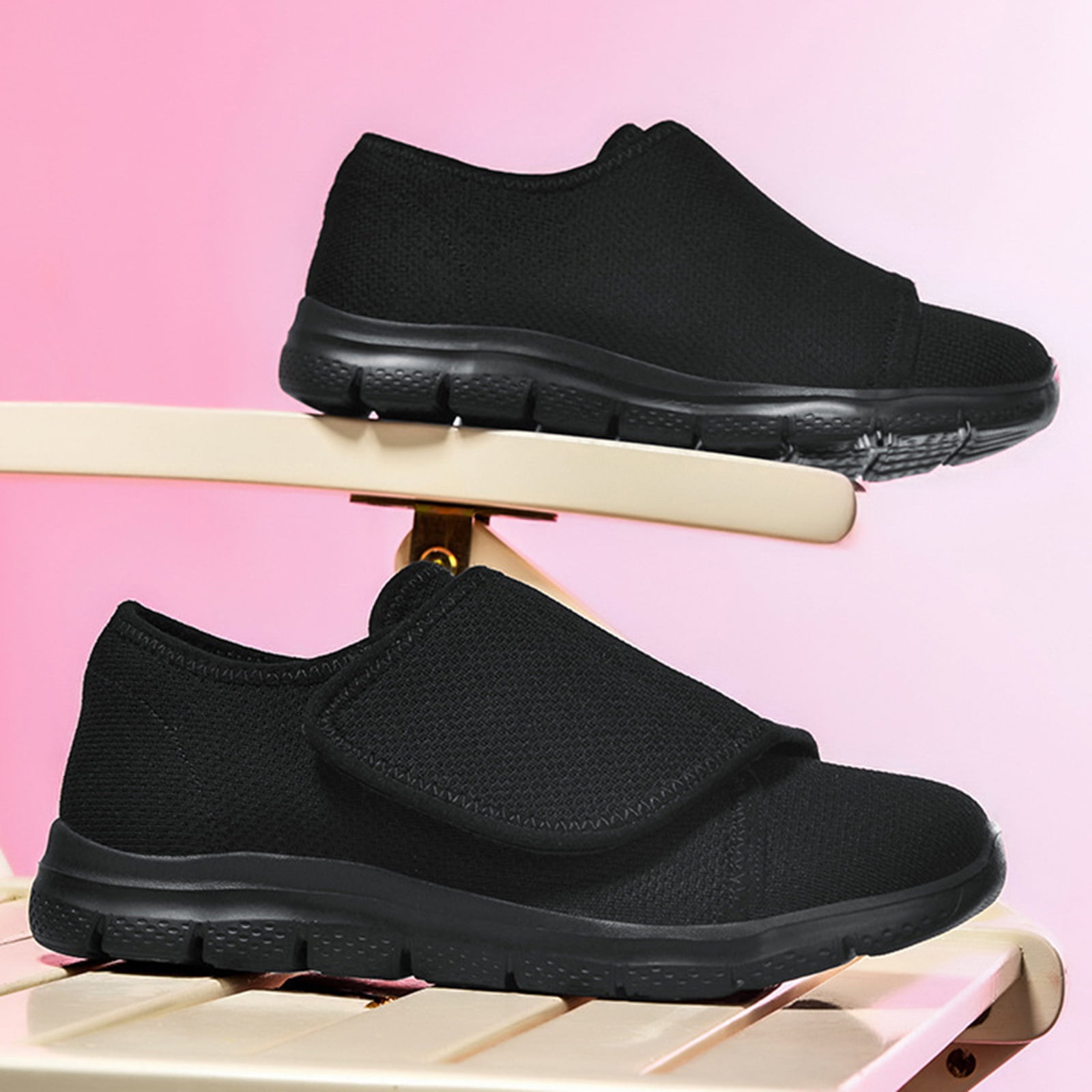 Women's Slip On Canvas Casual Shoes Wide Toe Box Lightweight Sneakers Hook and Loop Non Slip Teenis Shoes Black Size 10