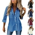 thumbnail image 6 of Rolled Long Sleeve Shirts Blouses for Women Button up Solid Color V Neck Lapel Casual Work Tunic Tops with Pockets(Blue,M), 6 of 6