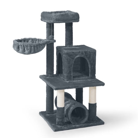CAPHAUS Cat Tower for Indoor Cats, Modern Cute 40-Inch Small Cat Tree with Widened Perch for Large Cats Kittens, Multi-Level Cat Activity Tree with Scratching Posts, Tunnel, Basket, Cat Cave Condo