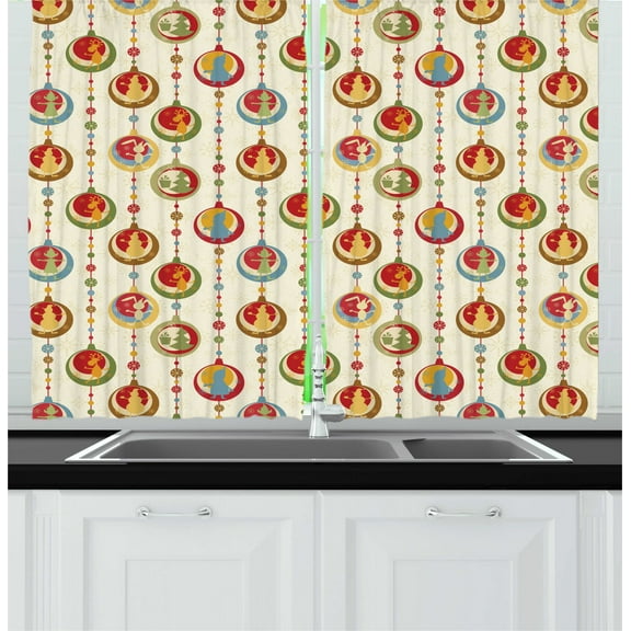 Ambesonne Christmas Kitchen Curtains, Balls Deer Santa Elf, 55"x39", Multicolor