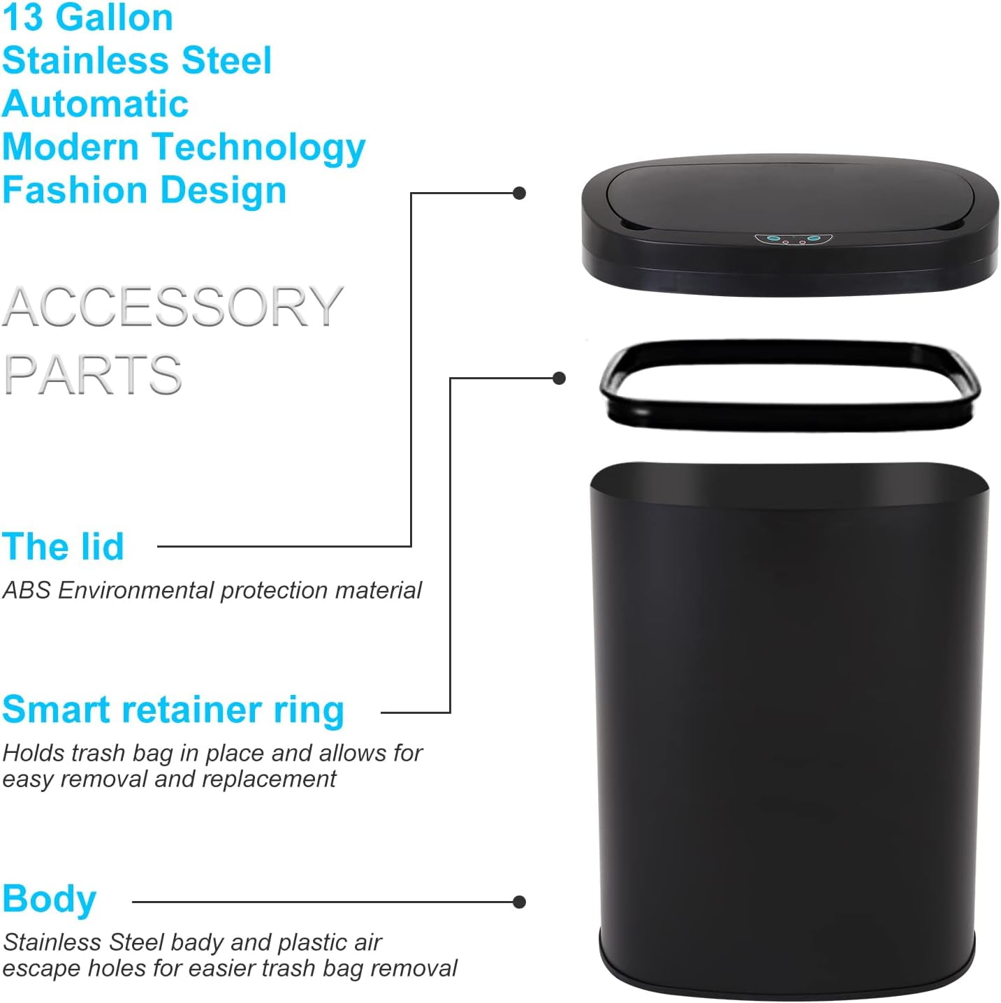 BIQWBIC 13 Gallon Automatic Trash Can, Touchless Stainless Steel Kitchen Garbage Can, Black
