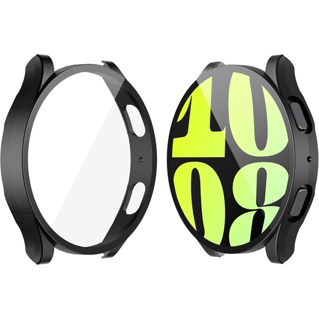 KOMI 2 Pack Hard Case Compatible with Samsung Galaxy Watch 6 44mm with Screen Protector, HD Tempered Glass Screen Protector Cover Overall Protective Cover, Black