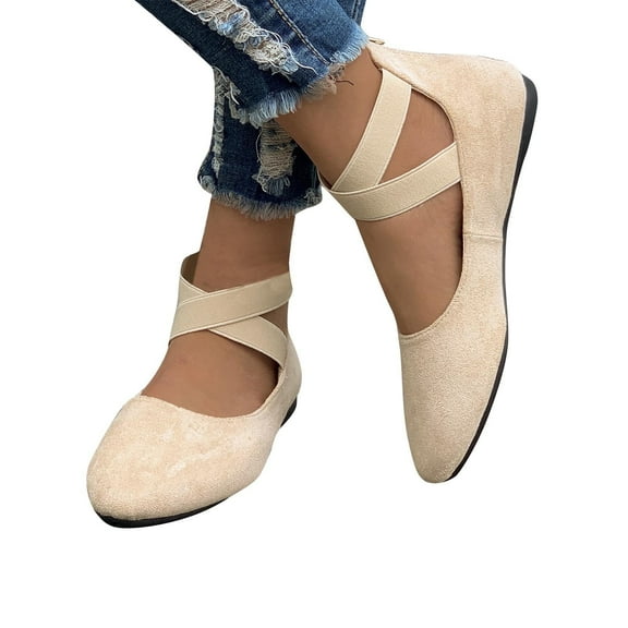 Hoshose Flats for Womens Wide Width Suede Ballet Elastic Strap Round-Toe Hollow Slip-On Shoes Arch Support