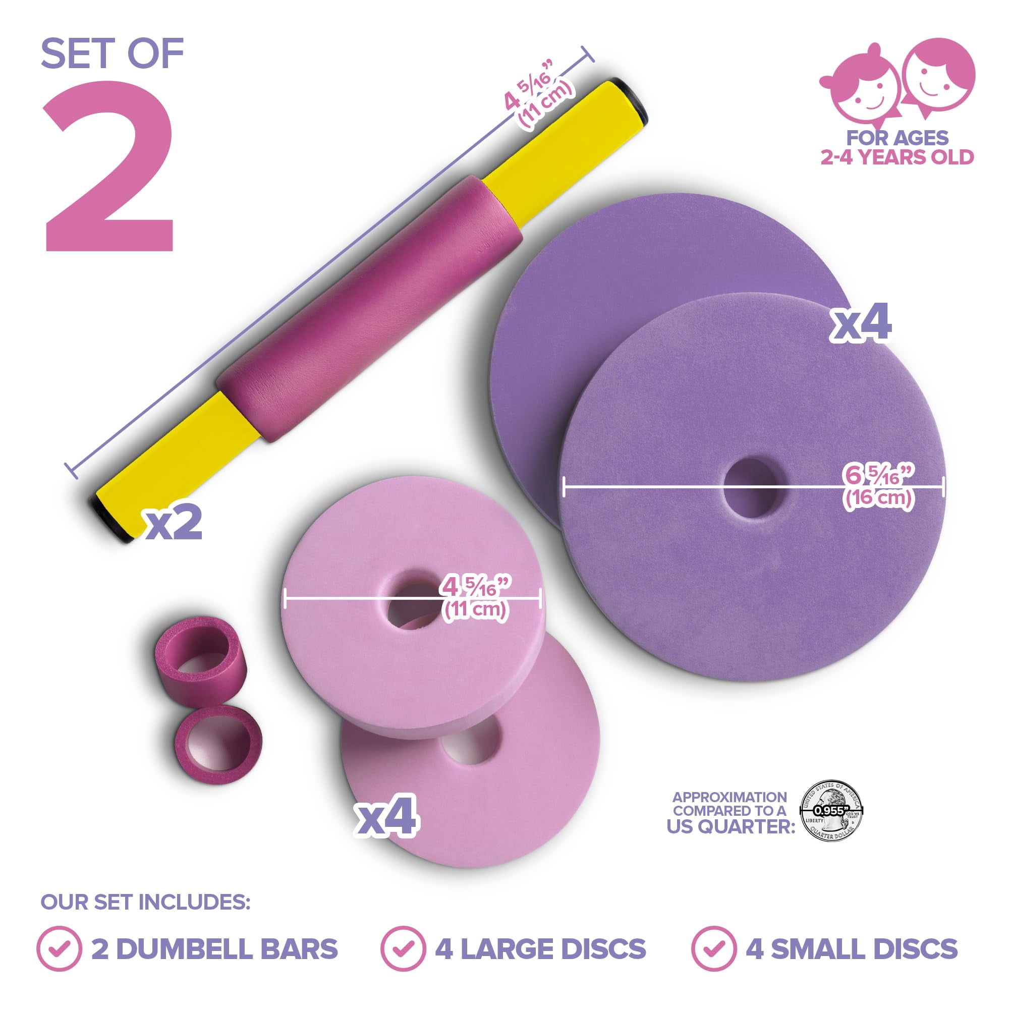 Modern Innovations Kids Weight Set (2 Pack) Toy Dumbbells, Baby Dumbbell Workout Weights, Fun Fitness and Exercise Equipment for Toddlers (Pink & Purple)