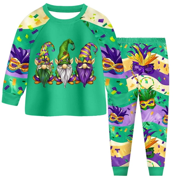 Pandaie Ensemble de Pyjamas pour Enfants Imprimé Nain Garçons Filles Raves Carnaval Tenue de Nuit Fête de Vacances Chandail en Molleton et Pantalon de Jogging 2-9 Ans Vert Menthe