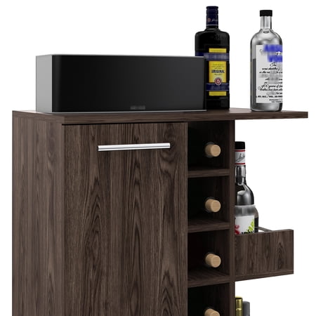 Modern Bar Cart 6 Bottle 2 Shelves & Dark Finish Option Locking