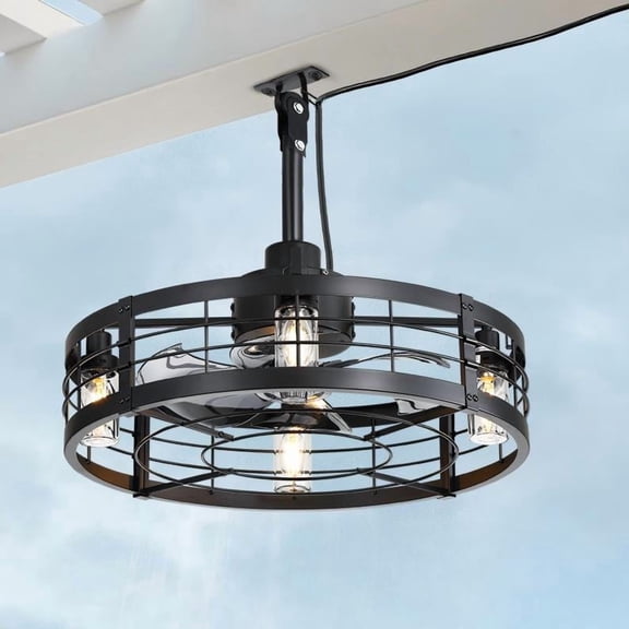Lokivas 22in Ceiling Fan with Light and Remote Control, Waterproof Caged Ceiling Fans for Outdoor Patio Gazebo Porch Pergola, 6 Speeds