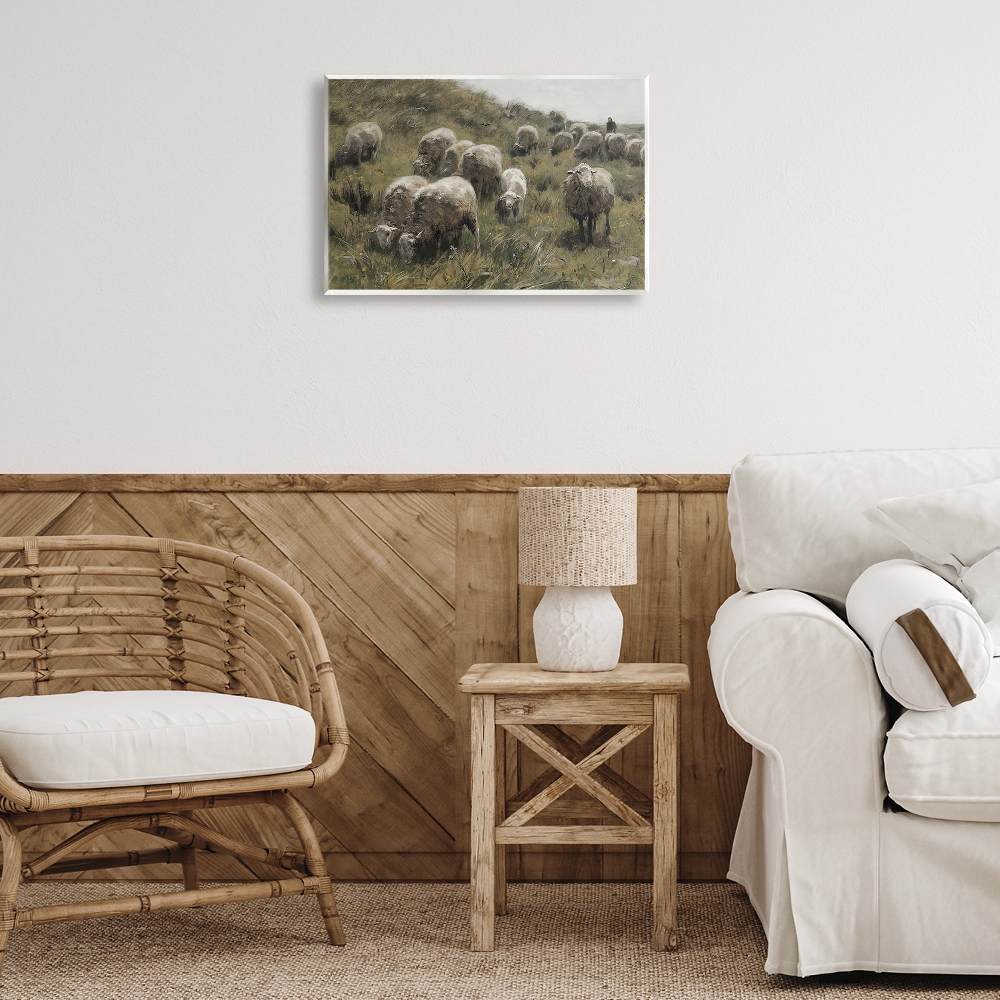 Stupell Industries Sheep At Pasture Landscape Painting Unframed Art Print Wall Art, 19 x 13