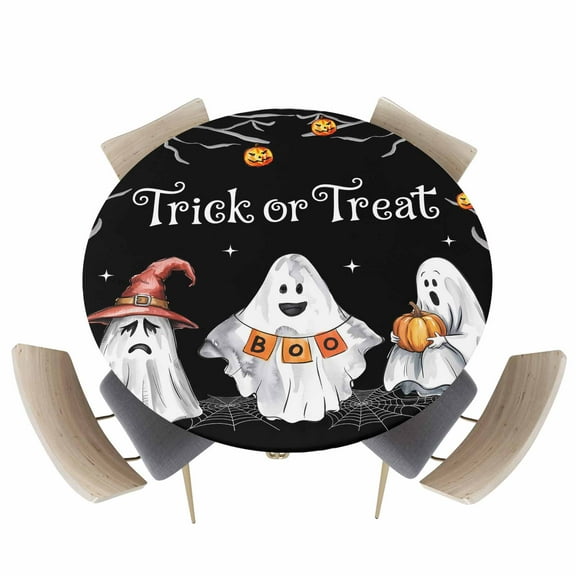 Round Fitted Tablecloths with Elastic Edge Halloween Ghost Pumpkin Witch Hat Oil-Proof Waterproof Wipeable Table Cover for Kitchen Dining Party Decor Black Checker Dead Trees Table Clothes,36" - 44"