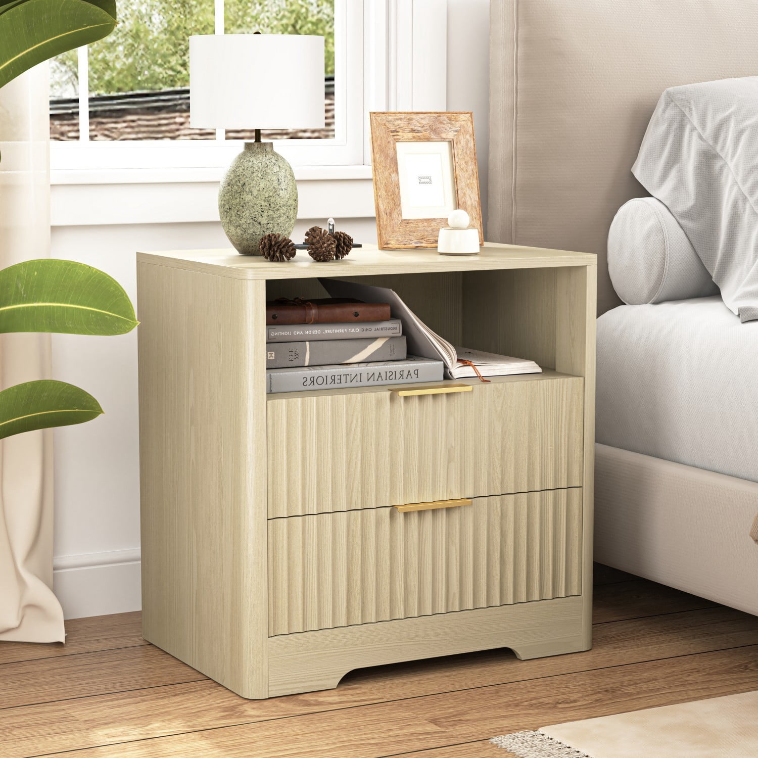 Nightstand with Charging Station and Voice Control Night Light, Modern Bedside Table with Storage Cabinet, Wood Night Stand for Bedroom, Living Room