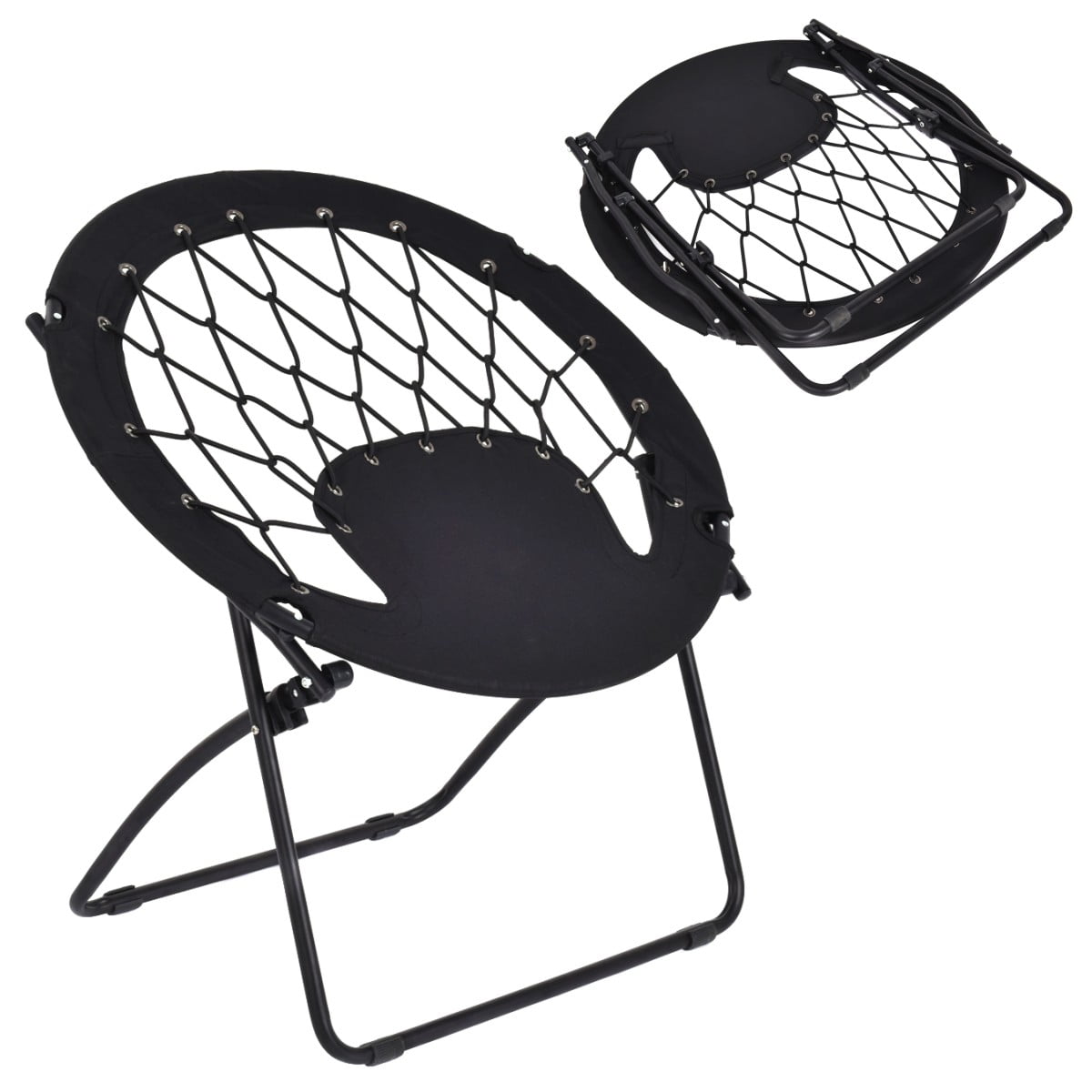 Folding Round Bungee Chair Steel Frame Patio Camping Chair Black/ Grey