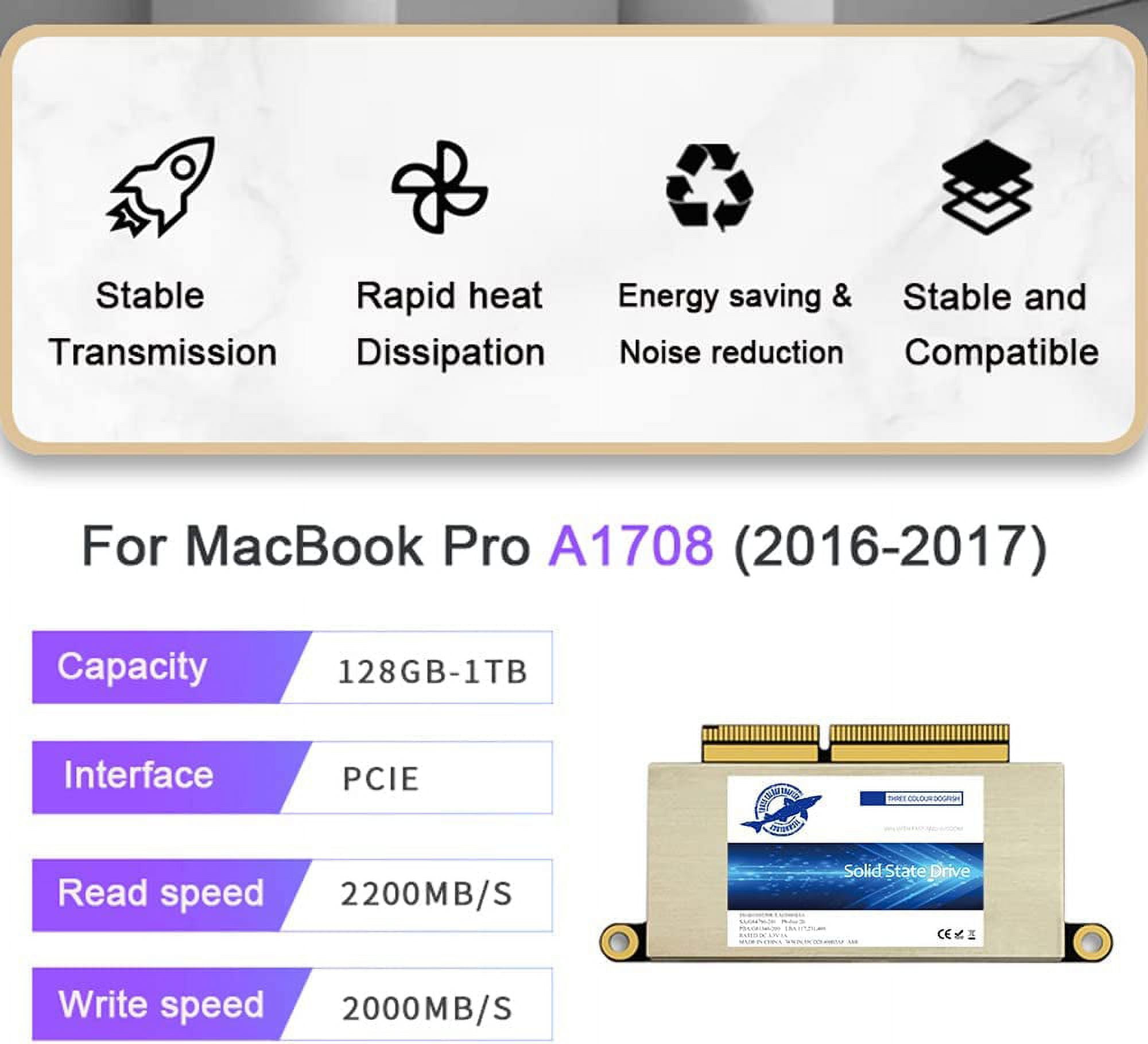 Dogfish 512GB SSD for MacBook PCIe Gen3x4 M.2 NVMe, Internal Solid State Drive Upgrade for MacBook Pro A1708 (2016-2017)