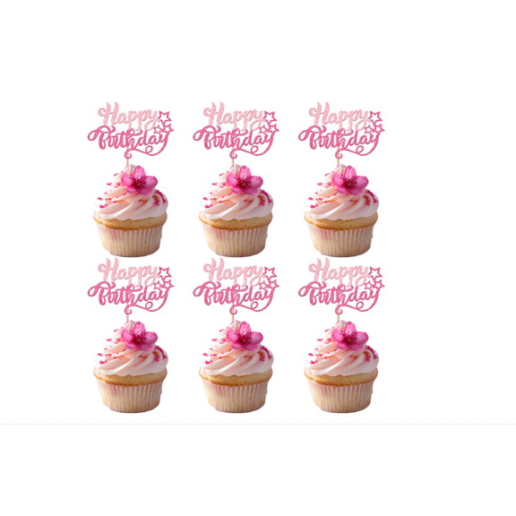 Happy Birthday Cupcake Toppers, Light Pink Glitter, Star Design, 10 Pack, Birthday Party Cake Decorations