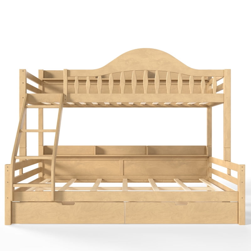 Twin XL Over Queen Bunk Bed with Storage Drawers, Solid Wood Bunk Bed Frame with Curved Guardrails, Side Storage Shelves and Ladder, No Box Spring Needed