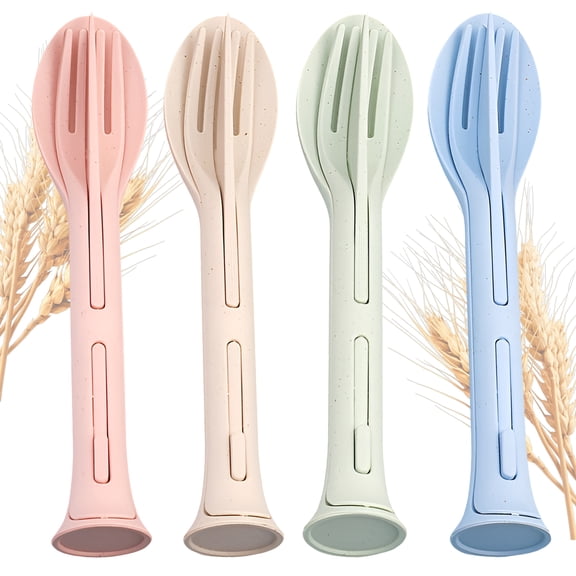 Wheat Straw Cutlery Set, Portable Outdoor Utensils, Travel Camping Flatware, Eco-Friendly Travel Utensils with Case for Students Picnic, 4Pc Pastel Colors