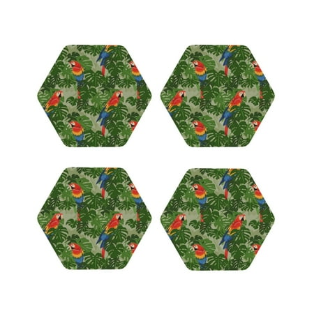 

Fuzoiu Parrots And Tropical Leaves Print Leather Coasters Set Drink Coasters Set of 4 for Tabletop Protection Durable PVC Coasters Home Décor and Housewarming Gift-Hexagon