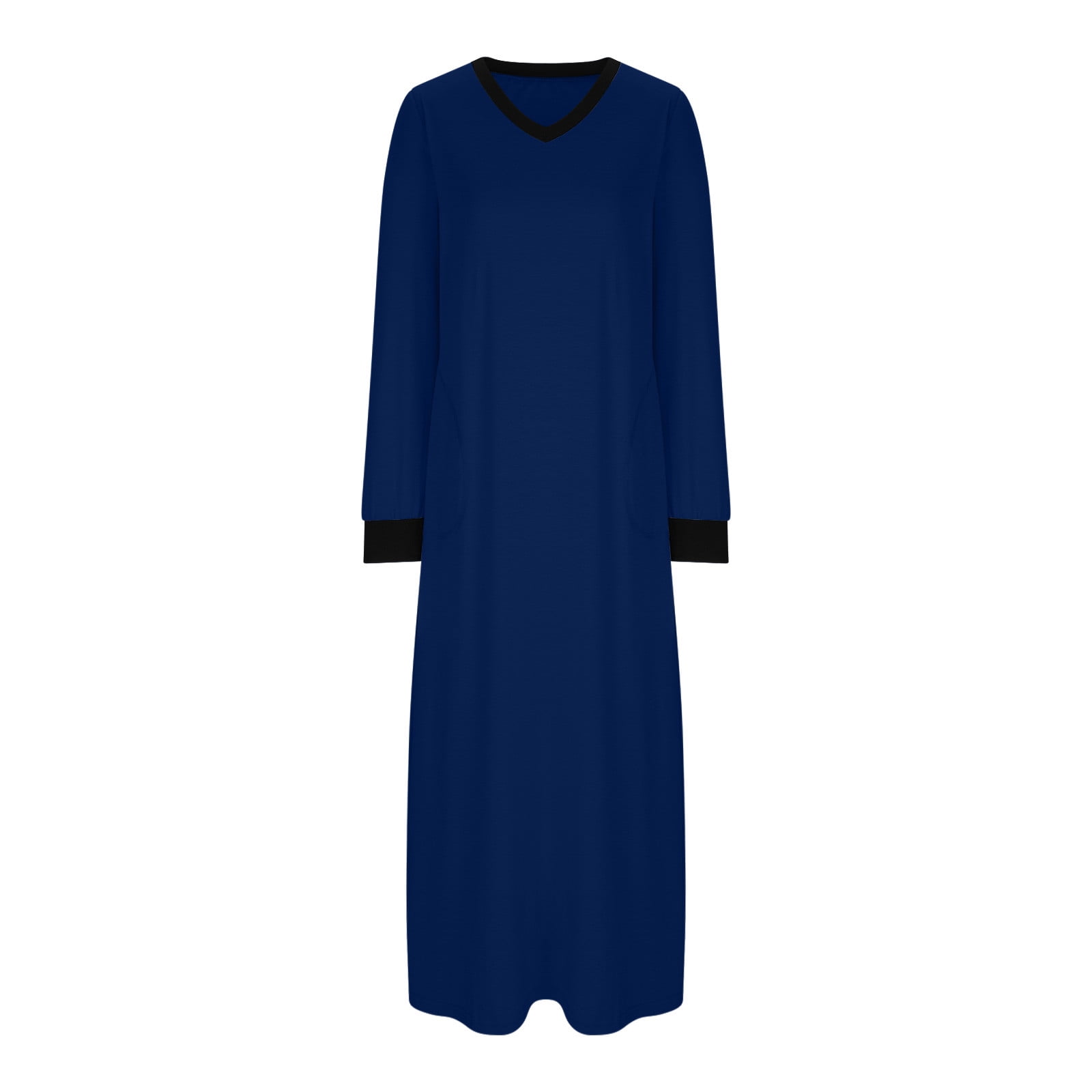 BiZtdJrK Nightgowns for Women Soft Cotton Loose Fit Full Length Pajama Dress Casual V Neck Long Sleeve Side Slit Maxi Dress with Pockets Loungewear Blue XL