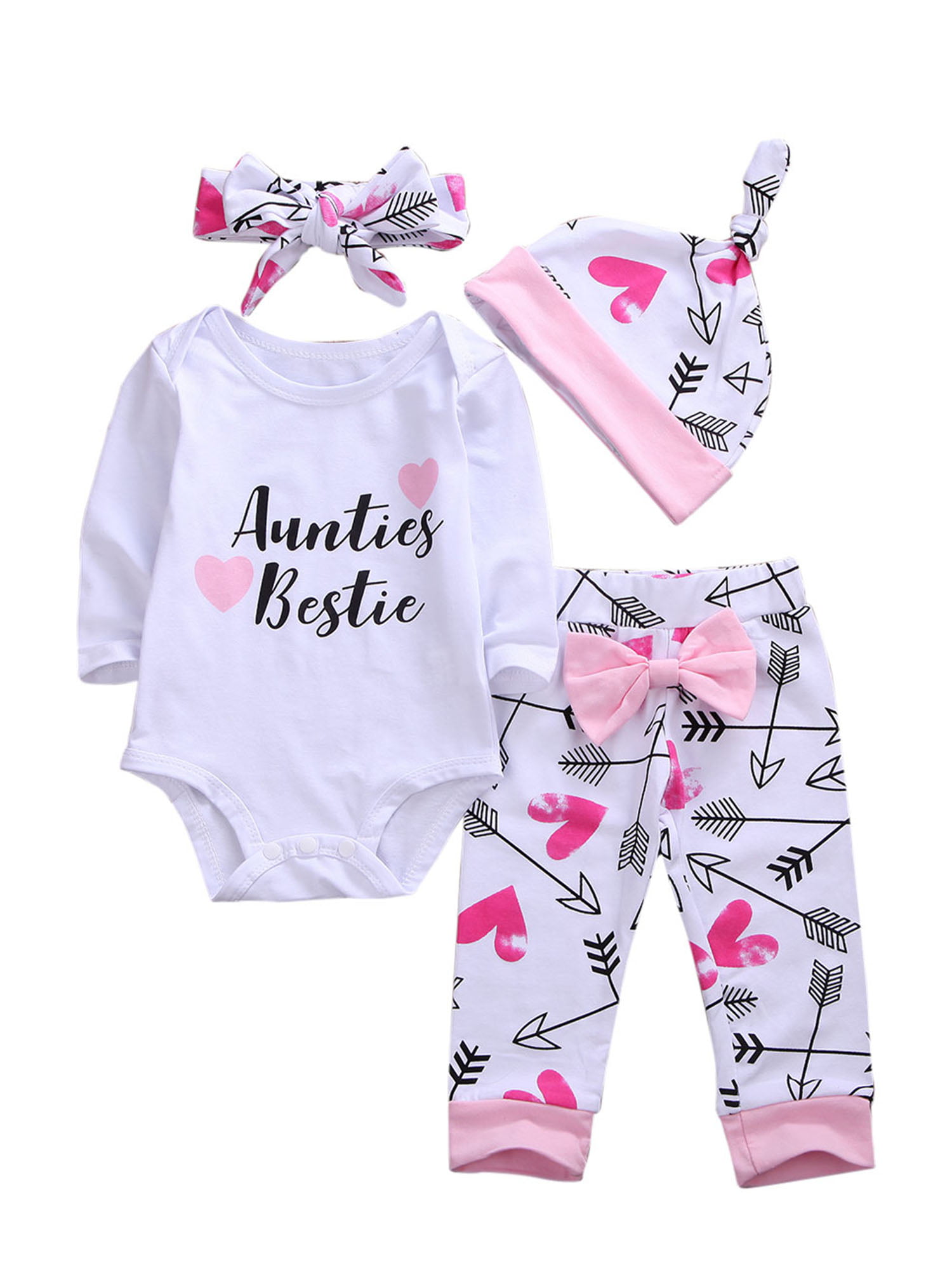 4PCS Newborn Baby Girl Romper Pants Hat Outfits Little Sister Casual Clothes Set 