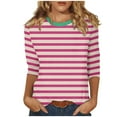 thumbnail image 2 of CLOISE Tops for Women Fall Trendy Striped Tops Scoop Neck 3/4 Sleeve Shirts Loose Colorblock Basic Blouses Y2k Outfits Hot Pink 2XL, 2 of 5