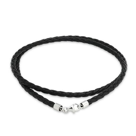 Black Genuine Leather Braided Weave Necklace Pendant Cord For Women For Men Teen Silver Plated Lobster Claw