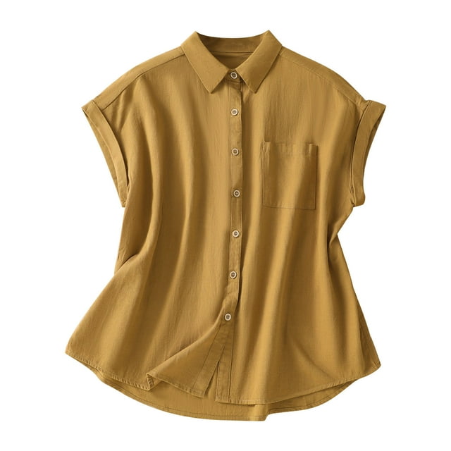 UAMVSH Cardigans en Coton et Lin pour Femmes Mode Coupe Ample Manches Courtes avec Poches Vestes Décontractées à Col Rabattu (Grand, Jaune)