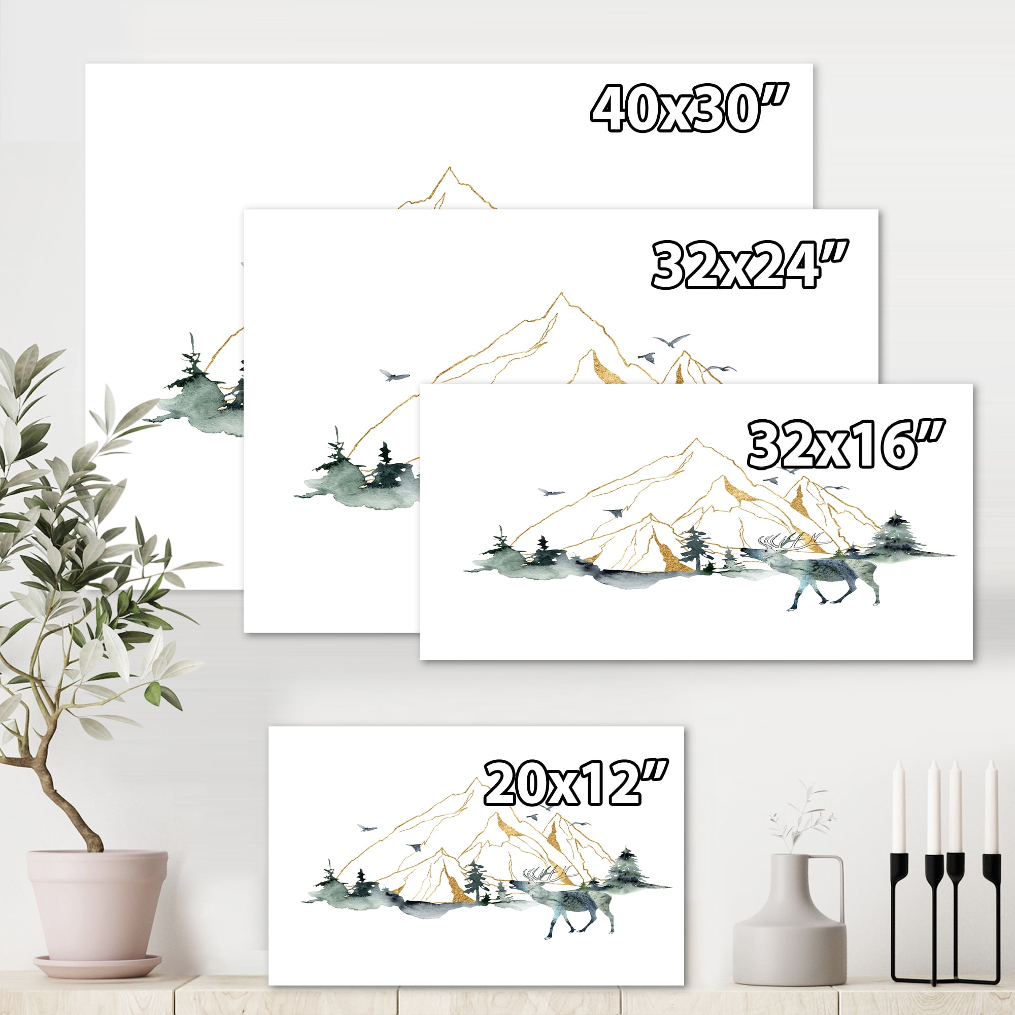 Designart ' Minimalistic Landscape of Forest Deer and Mountains ' Modern Canvas Wall Art Print