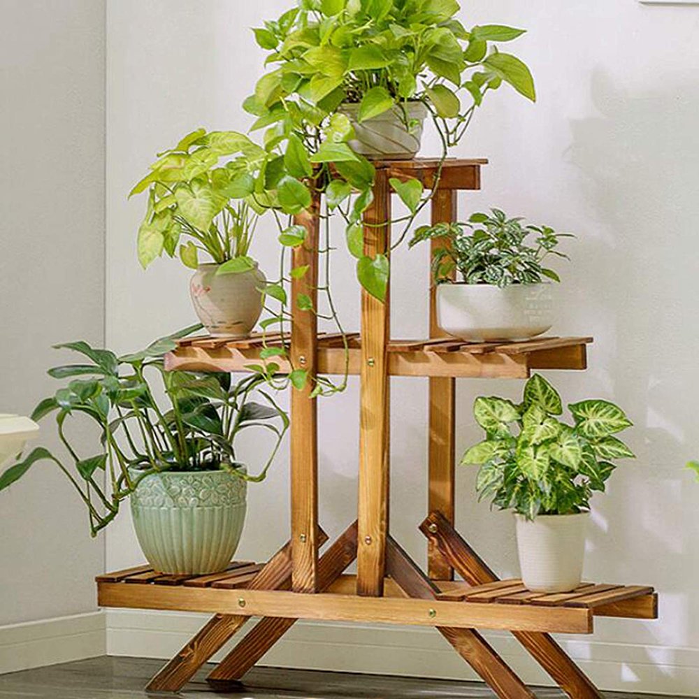 Natural Bamboo Plant Display Stand, Solid Wood Potted Flower Storage