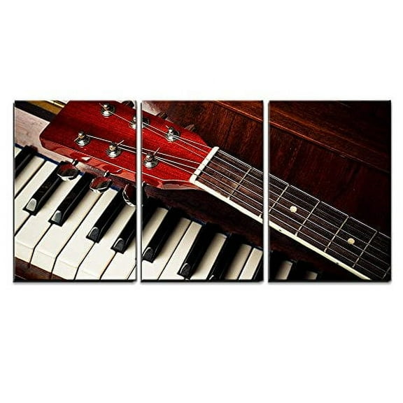 wall26 - 3 Piece Canvas Wall Art - Acoustic Guitar Neck on Piano Keys - Modern Home Art Stretched and Framed Ready to Hang - 24"x36"x3 Panels
