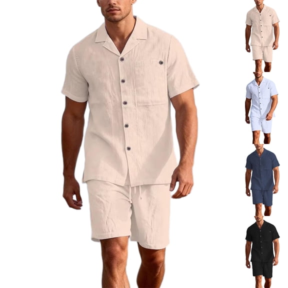 Laqbezok Men's 2-Piece Linen Set, Casual Short Sleeve Button Down Shirt and Drawstring Shorts Outfit, Relaxed Fit Summer Beach Resort Wear with Pockets