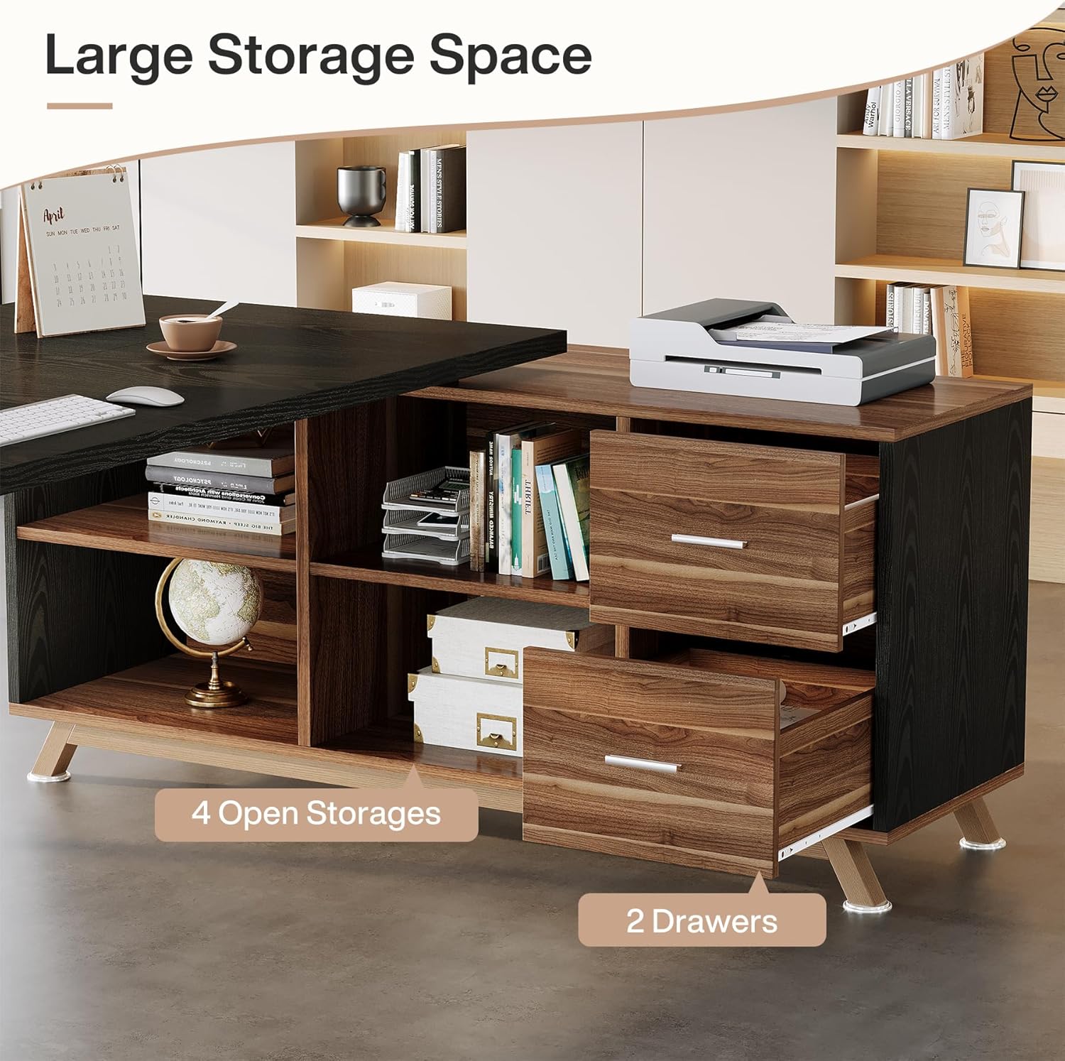 Tribesigns Large L-Shaped Desk, Modern Executive Office Desk with Drawers, 78.7 Inch Computer Desk with Cabinet for Home Office,Black & Walnut