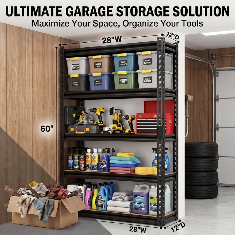 5-Tier Heavy Duty Garage Shelving Unit, 2000 LBS Capacity Storage Rack with Adjustable Shelves, 60" x 28" x 12" Boltless Metal Shelf for Basement, Pantry & Workbench, Black