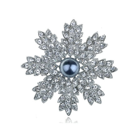 - Stunning Clear Crystal Rhinestone Faux Pearl Christmas Snowflake Pin Brooch