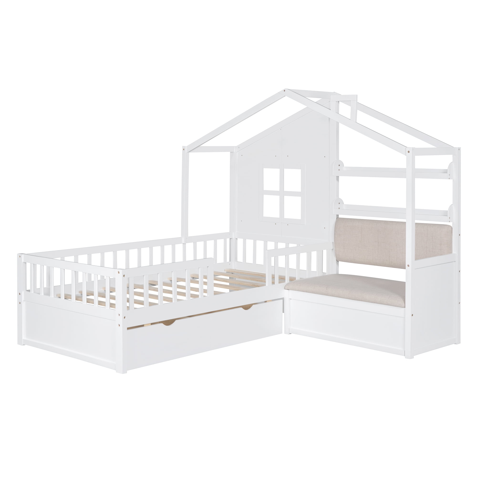 Harper & Bright Designs Twin Size House Bed with Sofa, Platform Bed with Two Drawers and Storage Shelf, White