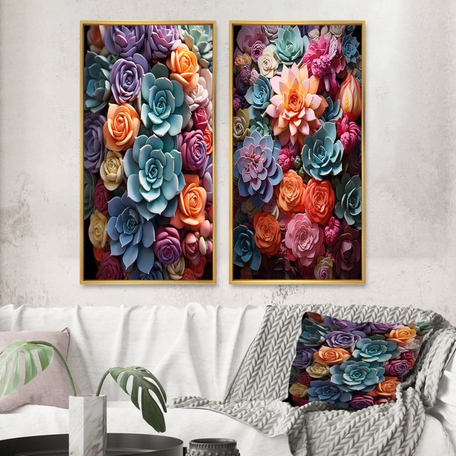 Designart "Succulent Delight Blue and Yellow Succulents" Succulent Framed Wall Art Set Of 2 - Multi-Color Floral Frame Gallery Set For Office Decor