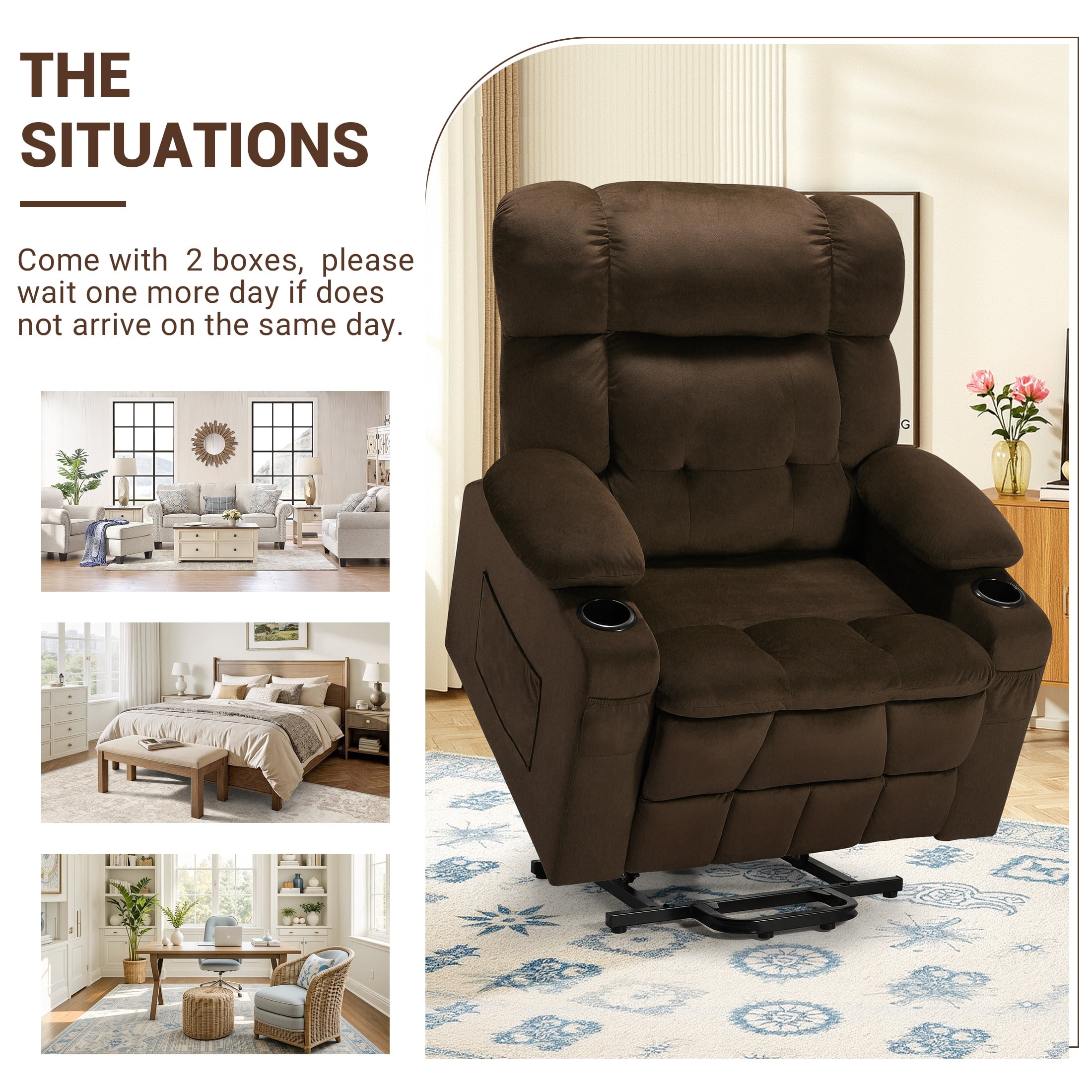 HSUNNS Large Power Lift Recliner Chair with Massage and Heat for Elderly Big and Tall People, Overstuffed Wide Recliners with 2 Cup Holders, Side Pocket for Living Room, Single Sofa, Brown