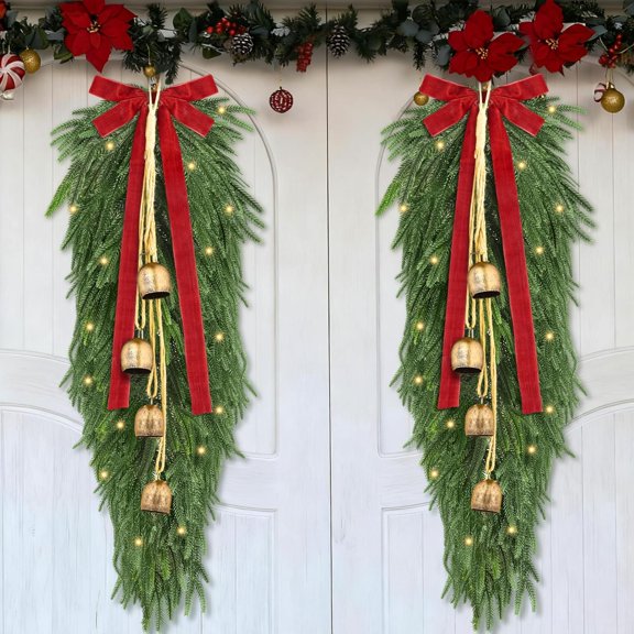 AHeartcove 2 Pieces 35.5" Christmas Teardrop Swag for Front Door with Red Bowknot and Lights Artificial Norfork Pine Needles Greenery Swags Wreaths for Christmas Indoor Outdoor Decorations