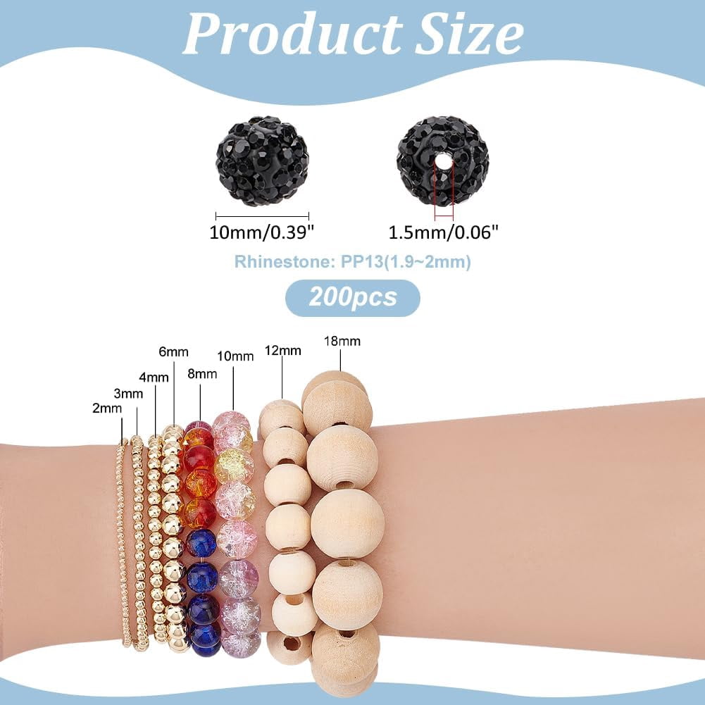 200pcs Rhinestone Beads 10mm Black Beads Disco Ball Beads Polymer Clay Beads Glitter Round Beads Loose Beads for Friendship Bracelet Necklace Earring Jewelry Craft Making Jet