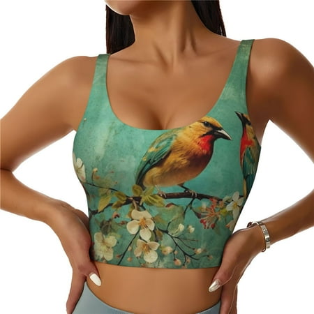 Qokaie Retro Birds Pattern Womens Scoop Neck Sports Bra Breathable Workout Vest Padded U Back Medium Impact Fitness Gym Yoga Bra Workout Crop Top-Medium