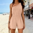 thumbnail image 5 of Hurxie Womens Sleeveless Romper Eyelet Elastic Waist with Pockets Casual Short Pants Jumpsuit Summer Beach Vacation Outfit Beige,S, 5 of 7