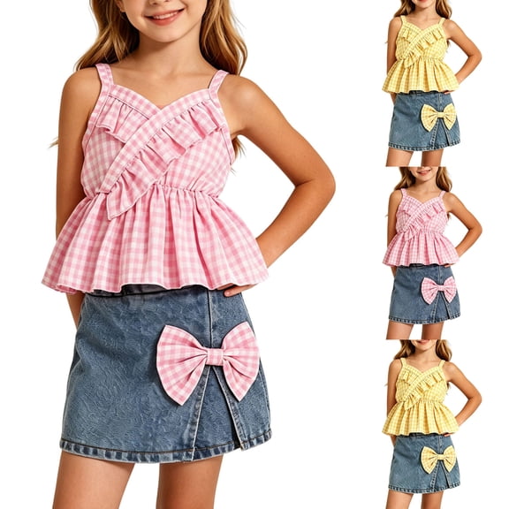 Agkizg Kids Girls Clothing Set Solid 2 Piece Outfit Camisole Top Denim Skort with Bow Set