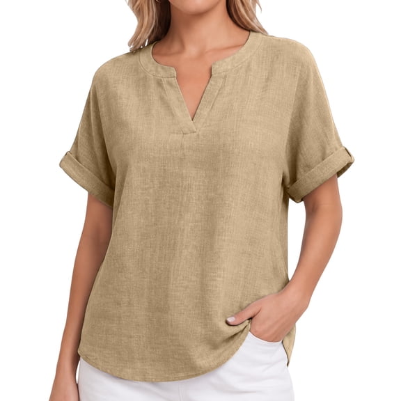 Oversized Tshirts for Women Casual Linen Cotton V Neck Short Sleeve Tops Loose Comfy Yellow Summer Tops for Women