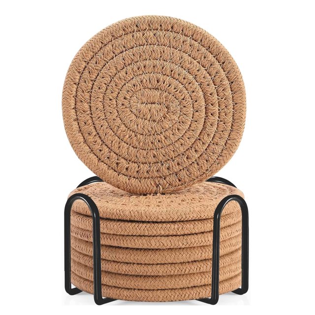 Posavasos de 8 piezas con soporte, posavasos absorbentes de tejido de algodón para bebidas, juego de posavasos minimalistas para decoración del hogar para mesa de protección de mesa de madera