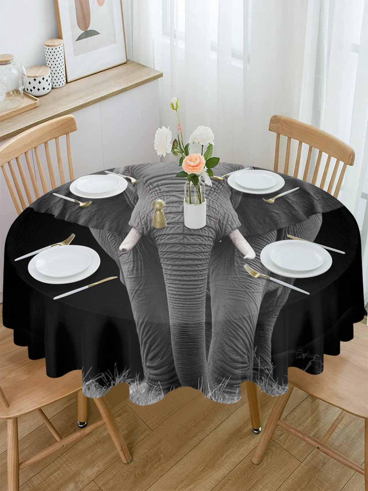 Round Tablecloth Modern Vintage Waterproof Oil Proof Polyester Table Cloth Cover Decor for Home Dining Outdoor,Patio,Parties, 60" Dia. Elephant Bird Animal Black Grey