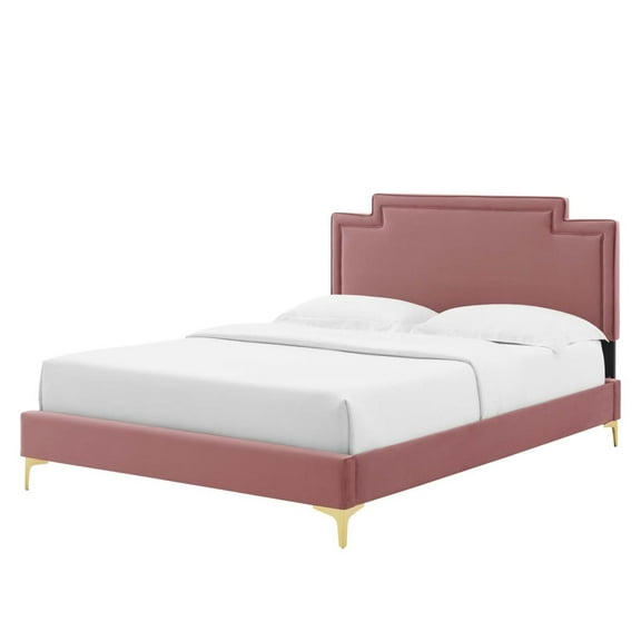 Platform Bed Frame, King Size, Pink, Velvet, Mid Century French Bedroom, Modern Contemporary Boutique HB35451
