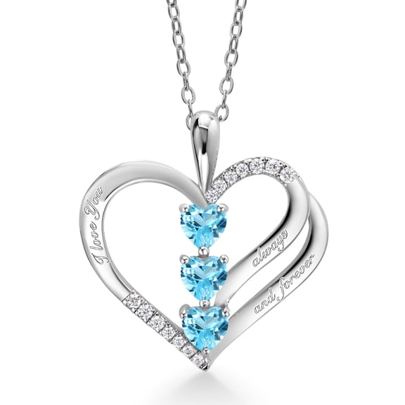 Gem Stone King 925 Sterling Silver Heart Shape Swiss Blue Topaz and White Moissanite "I love you always and forever" Pendant Necklace for Women (1.09 Cttw, with 18 inch Silver Chain)