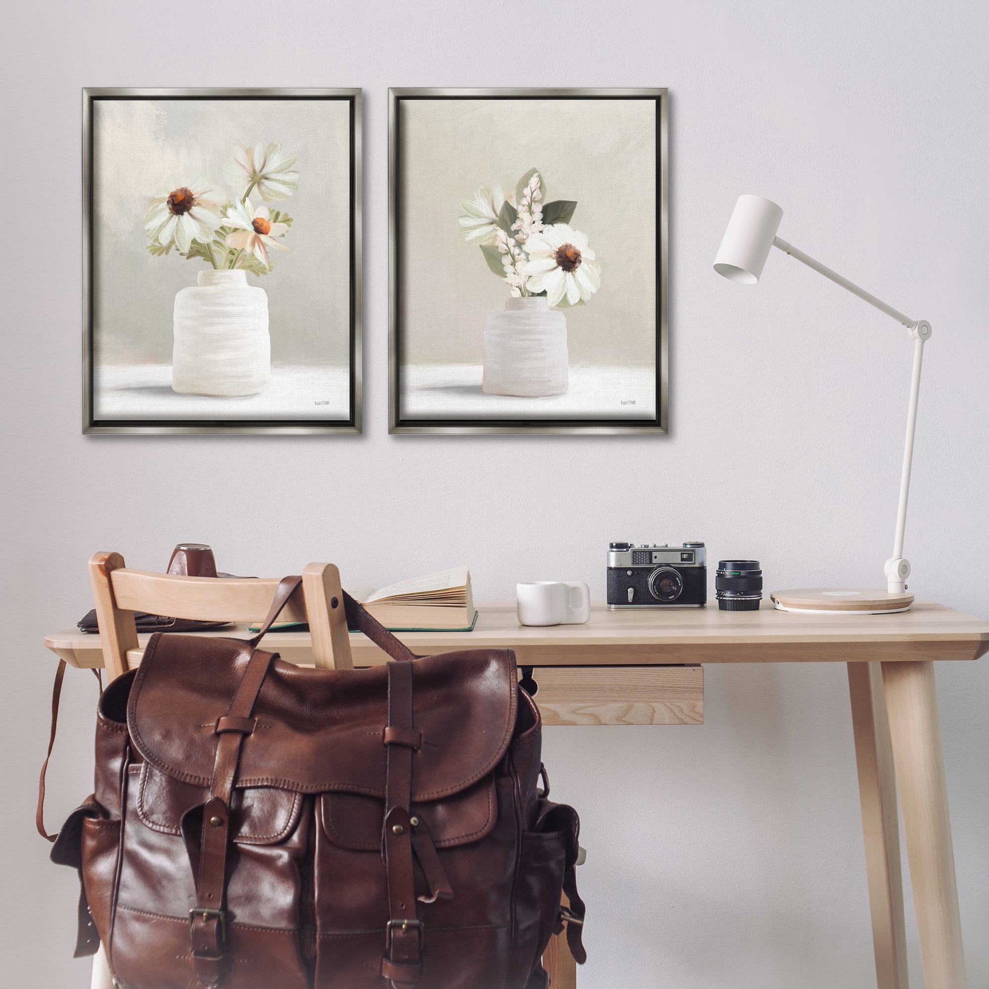Stupell Industries Simply Elegant Floral Vase Plants & Flowers Painting Gray Floater Framed Canvas Art Print Wall Art, 31 x 25, Set of 2