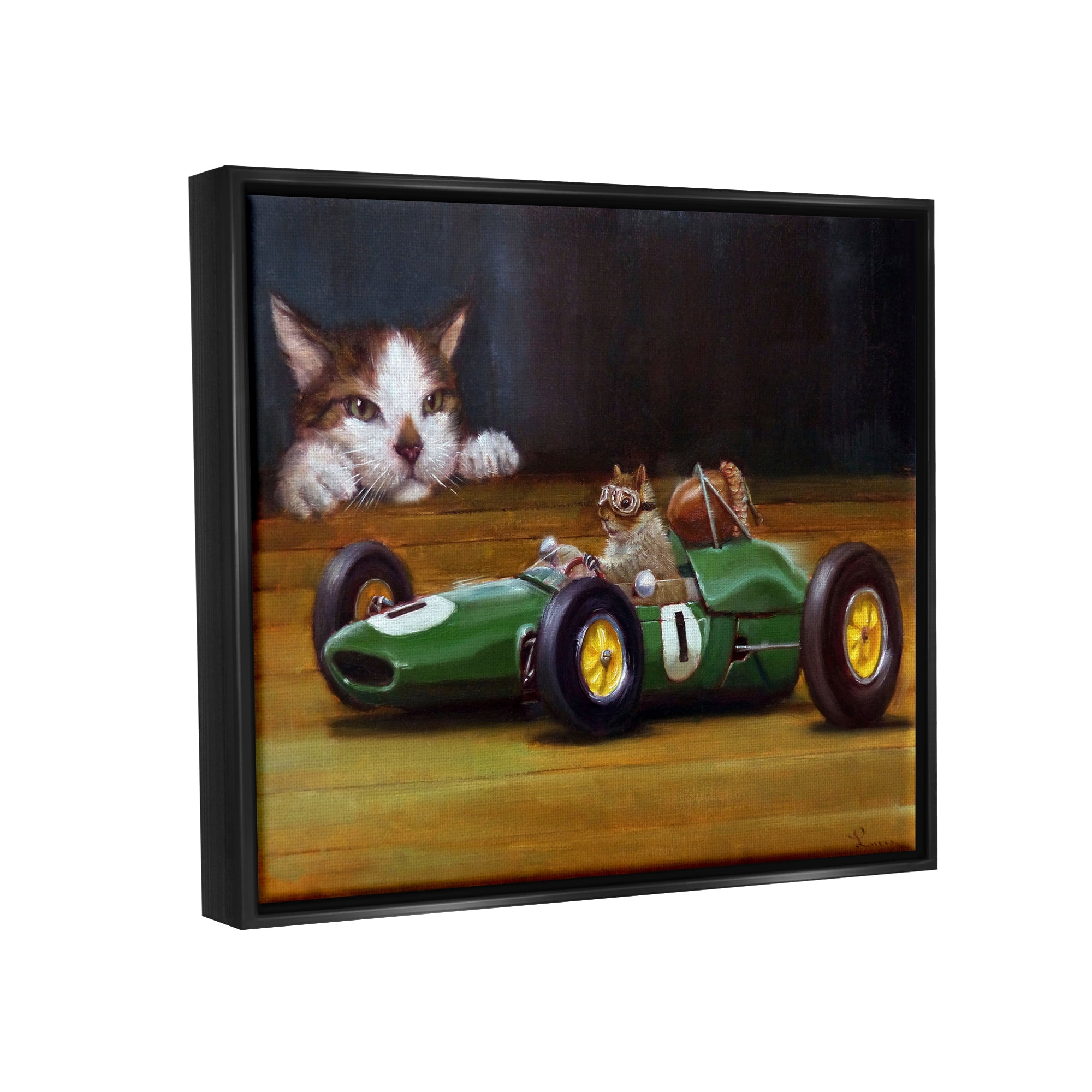 Stupell Industries Funny Squirrel in Race Car Animals & Insects Painting Black Floater Framed Art Print Wall Art, 21 x 17