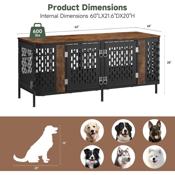 63 Inch Heavy Duty Wooden Dog Crate Furniture with Steel Frame and Removable Divider for 2 Dogs