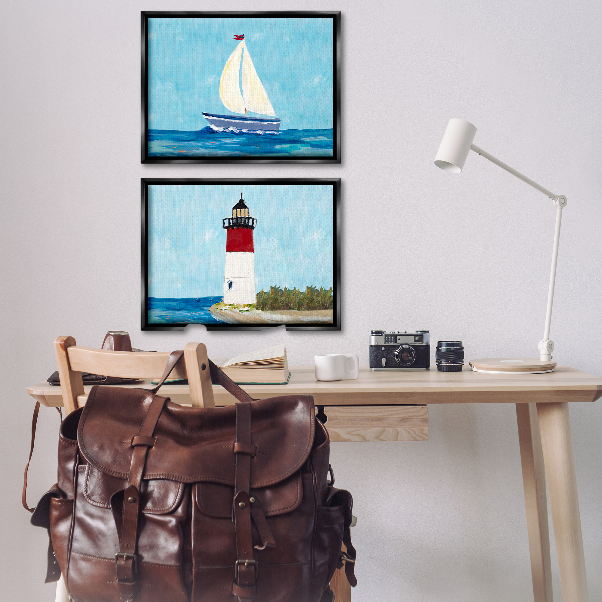 Stupell Industries Nautical Sail the Sea Lighthouse Nautical & Beach Painting Black Floater Framed Canvas Art Print Wall Art, 31 x 21, Set of 2