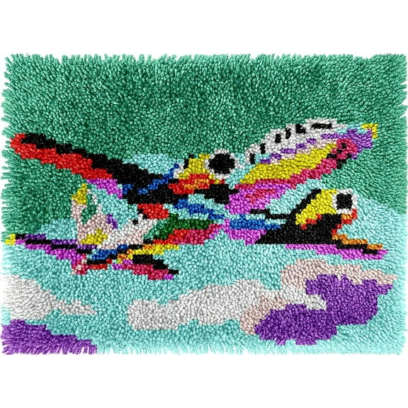DIY Latch Hook Rug Kits Airplane DIY Cushion Tapestry Making Crochet Hooking Mat Making Kits With Printed Pattern Canvas DIY Carpet Needlework Kits of Home Decor 52x38cm (T3)